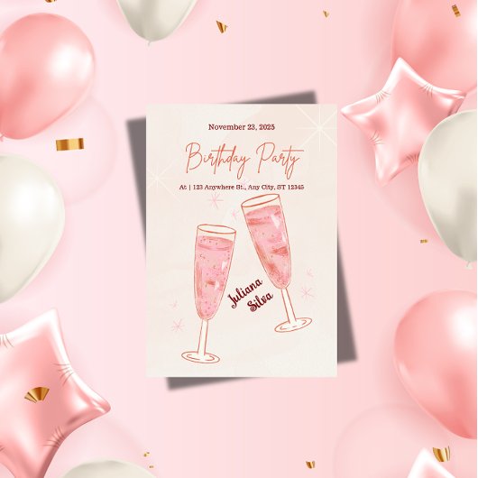 Elegant Glamorous Pink Champagne Birthday  Einladung