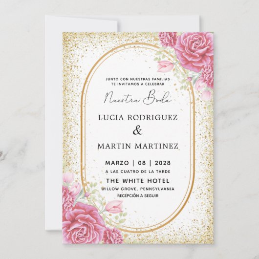 Elegant Gliter Floral Gold Spanische Nuestra Boda Einladung (Vorderseite)