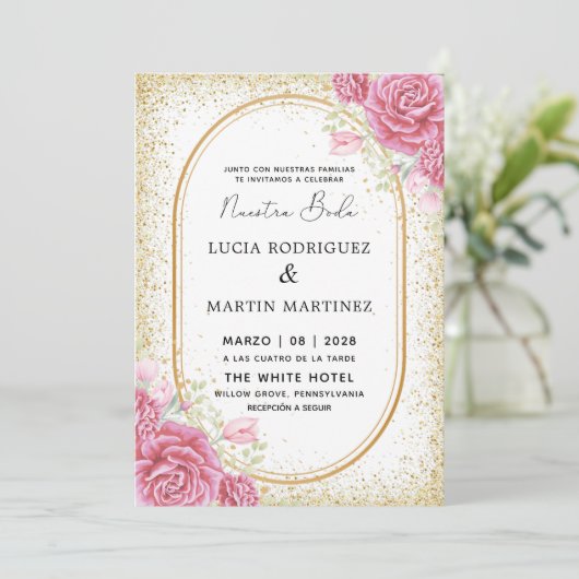 Elegant Gliter Floral Gold Spanische Nuestra Boda Einladung (Stehend Vorderseite)