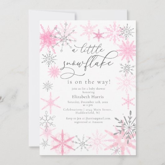 Elegant Glitter Pink Little Snowflake Baby Shower Einladung (Vorderseite)
