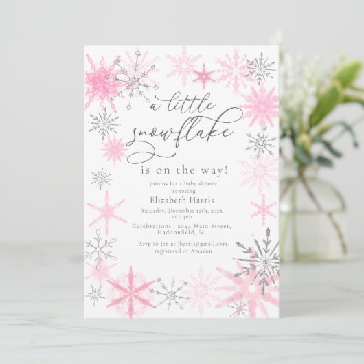 Elegant Glitter Pink Little Snowflake Baby Shower Einladung (Stehend Vorderseite)
