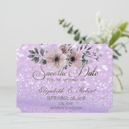 Elegant Glittery Bokeh Floral Save the Date (Stehend Vorderseite)