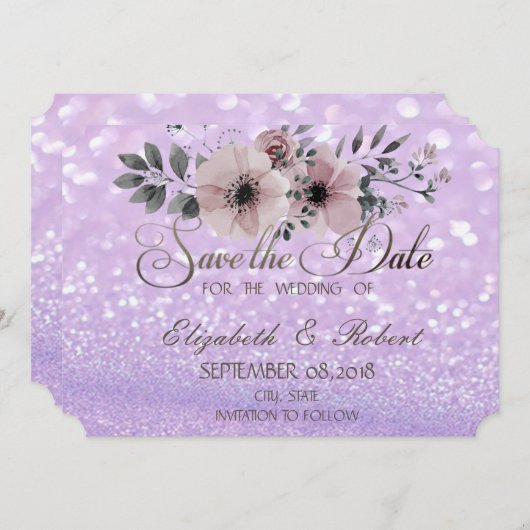 Elegant Glittery Bokeh Floral Save the Date (Vorne/Hinten)