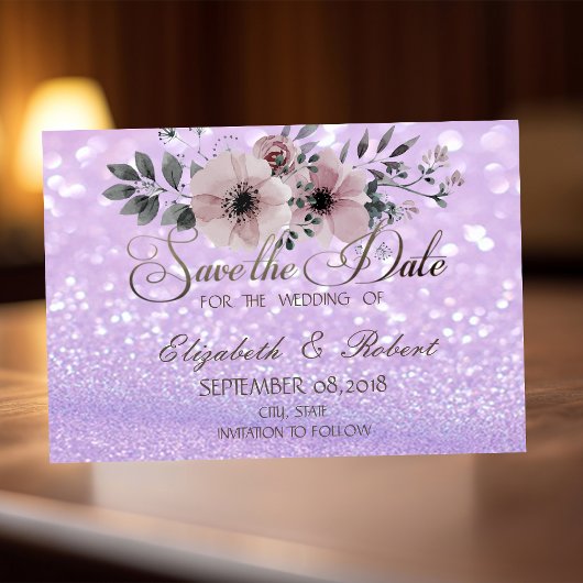Elegant Glittery Bokeh Floral Save the Date