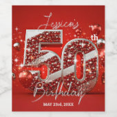 Elegant Glittery Red und Silver 50. Geburtstag Weinetikett (Einzelnes Label)