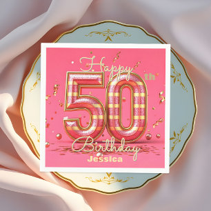 Elegant Glitzy Striped Pink & Gold 50. Geburtstag Serviette