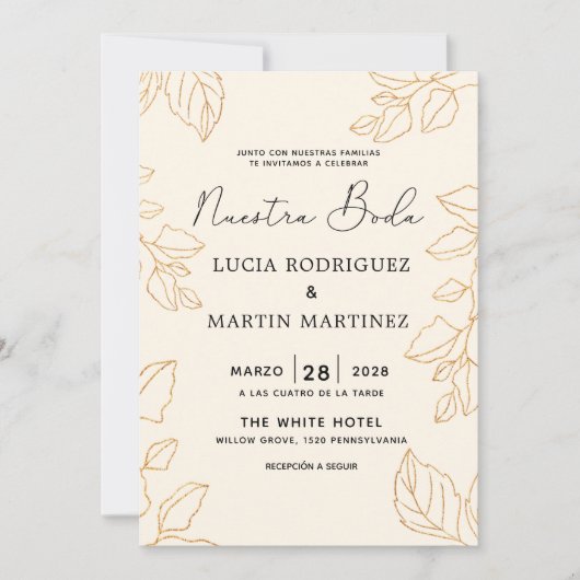 Elegant Glod Leaf Cream Spanish Nuestra Boda Einladung (Vorderseite)