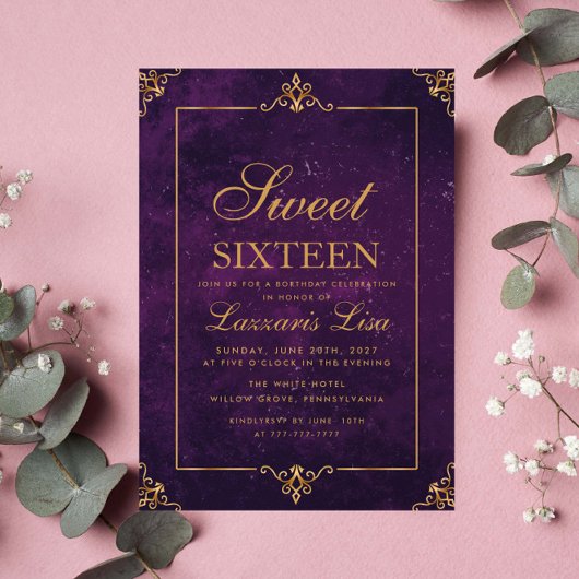 Elegant Gold 16 . Geburtstag 16 Lila Geburtstag Einladung