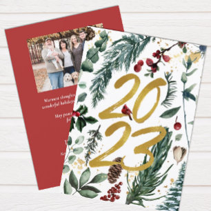 Elegant Gold 2023 Festivals Pine Bough Floral Foto Feiertagskarte
