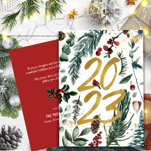 Elegant Gold 2023 Festivals Pine Greenery Rote Blü Feiertagskarte