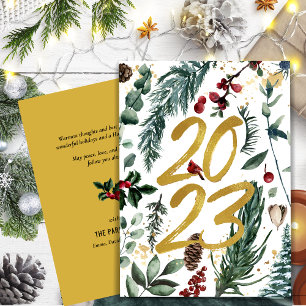 Elegant Gold 2023 Festivals Pine Greenery Rote Blü Feiertagskarte
