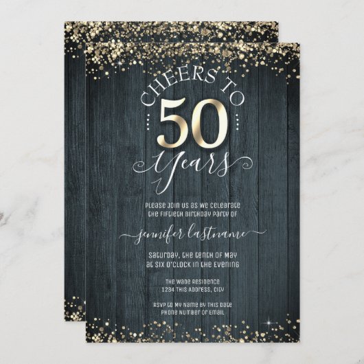 Elegant Gold 50. Geburtstag feierliche Einladung (Vorne/Hinten)