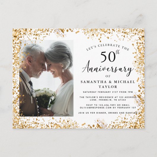 Elegant Gold 50. Hochzeitstag Einladungspostkarte (Vorderseite)