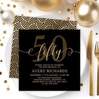 Elegant Gold 50 Script Black 50. Geburtstag Einladung