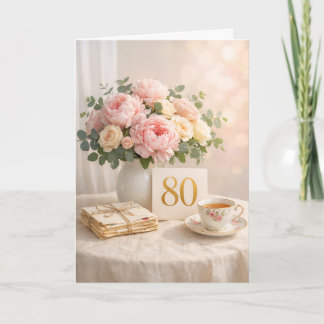 Elegant Gold “80” Floral Tea Party 80th Birthday Karte
