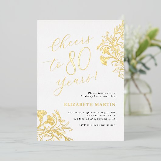 Elegant Gold 80. Geburtstag Folieneinladung (Stehend vorne)