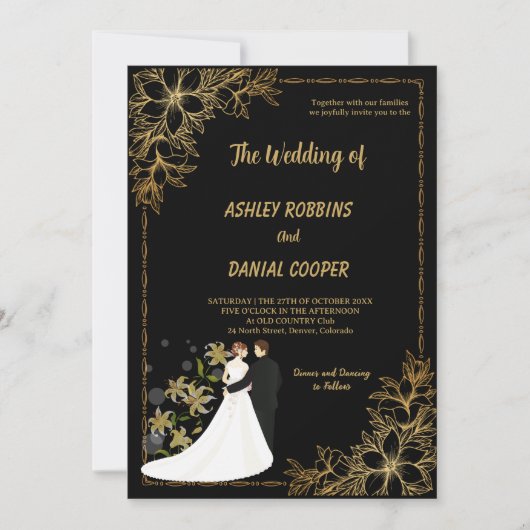 Elegant gold and Black Border floral Wedding Einladung (Vorderseite)
