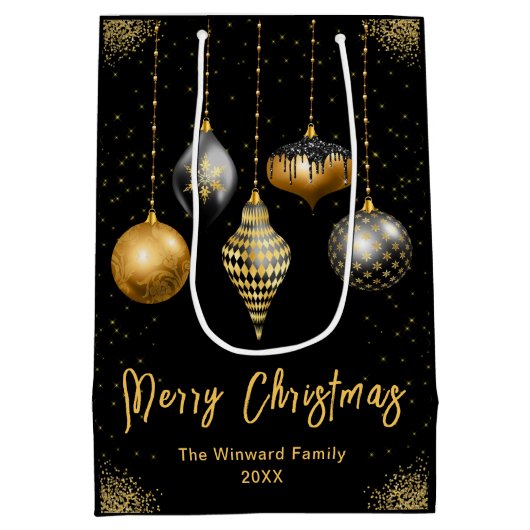 Elegant Gold and Black Ornament Christmas Mittlere Geschenktüte (Rückseite)