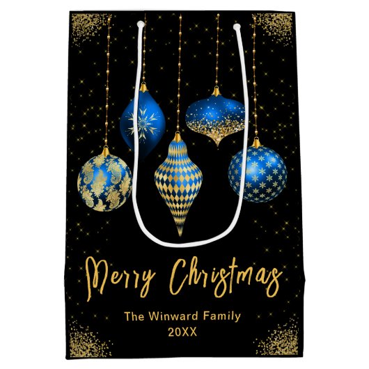 Elegant Gold and Blue Ornament Christmas Mittlere Geschenktüte (Rückseite)