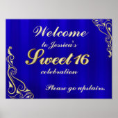Elegant Gold and Blue Sweet 16 Welcome Sign Poster (Vorne)