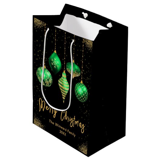 Elegant Gold and Green Ornament Christmas Mittlere Geschenktüte (Vorderseite Schrägansicht)