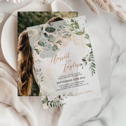 Elegant Gold and Greenery Eucalyptus Wedding Pergament Einladungen