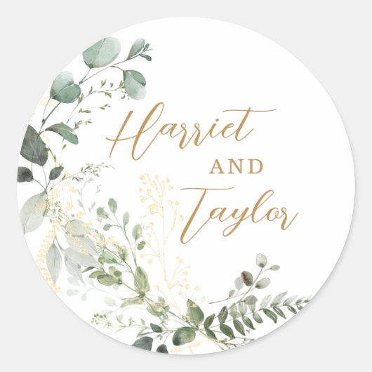 Elegant Gold and Greenery Eucalyptus Wedding Runder Aufkleber (Vorderseite)