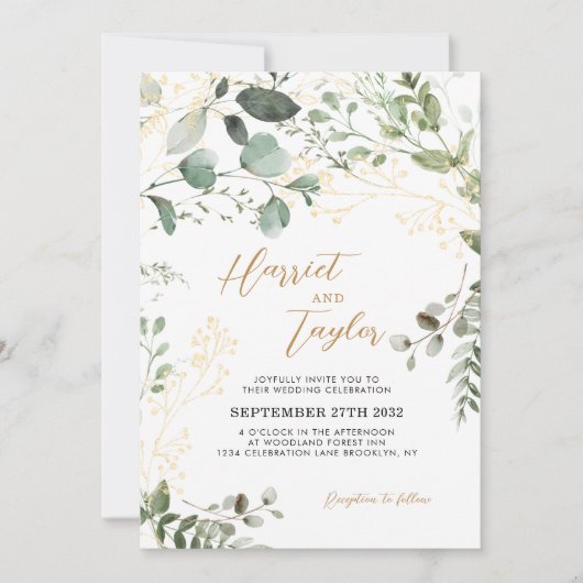 Elegant Gold and Greenery Eukalyptus Wedding Einladung (Vorderseite)