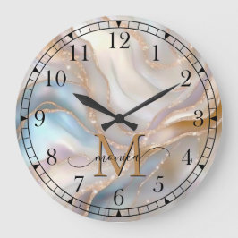 Elegant Gold and Nacre Monogram Name Personalized Große Wanduhr