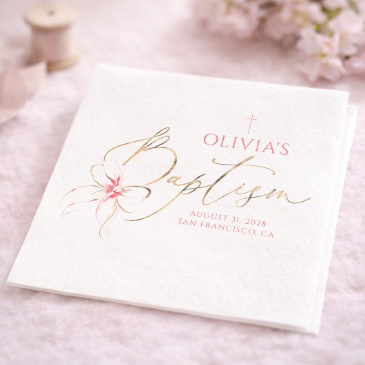 Elegant Gold and Pink Bow Girl Baptism Serviette