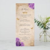 Elegant Gold and Purple Roses Watercolor Floral Menükarte (Stehend Vorderseite)