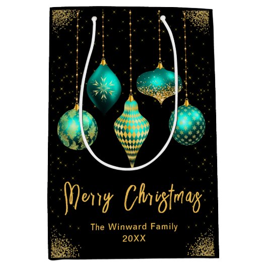 Elegant Gold and Teal Ornament Christmas Mittlere Geschenktüte (Vorderseite)