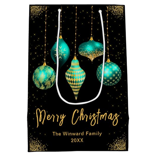 Elegant Gold and Teal Ornament Christmas Mittlere Geschenktüte (Rückseite)