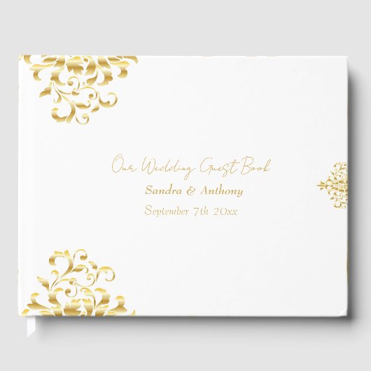 Elegant Gold and White Damask Wedding Guest Book Gästebuch (Vorderseite)