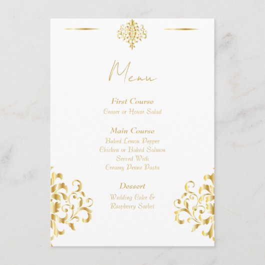 Elegant Gold and White Damask Wedding Menu Menükarte (Vorderseite)