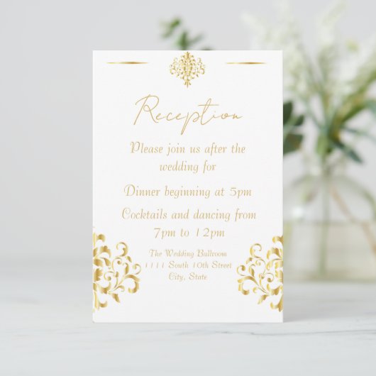 Elegant Gold and White Damask Wedding Reception Begleitkarte (Stehend Vorderseite)