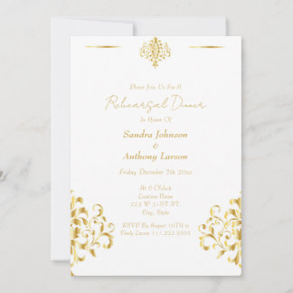 Elegant Gold and White Damask Wedding Rehearsal Einladung