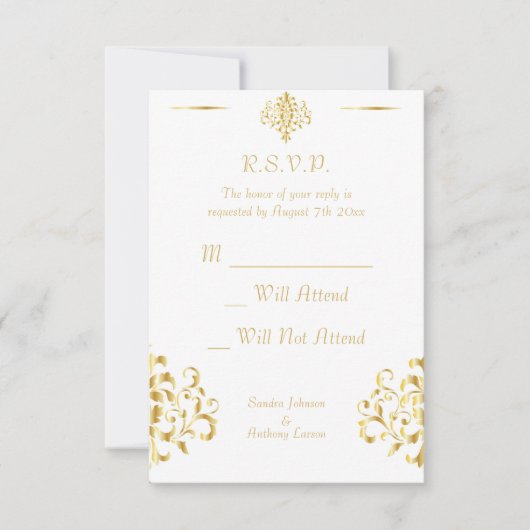 Elegant Gold and White Damask Wedding RSVP (Vorderseite)