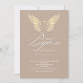 Elegant Gold Angel Wings Typografy Cross Baptisse Einladung (Vorderseite)