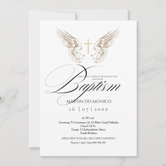 Elegant Gold Angel Wings Typografy Cross Baptisse Einladung (Vorderseite)