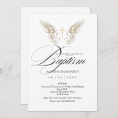 Elegant Gold Angel Wings Typografy Cross Baptisse Einladung (Vorne/Hinten)