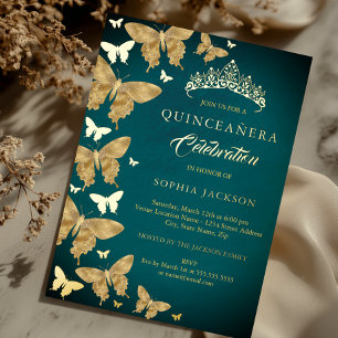 Elegant Gold Aquamarin Butterfly Quinceanera Folieneinladung