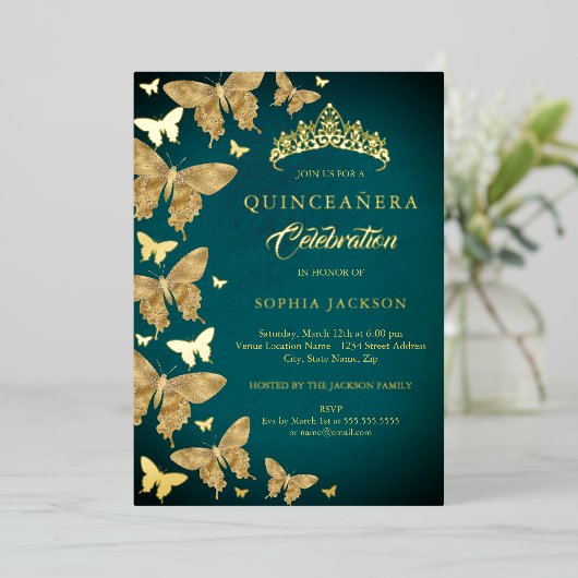 Elegant Gold Aquamarin Butterfly Quinceanera Folieneinladung (Stehend vorne)