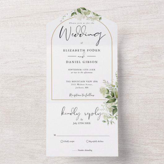Elegant Gold Arch Botanische Grüne Hochzeit All In One Einladung (Innen Boden)