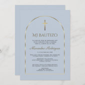Elegant Gold Arch Dusty Blue Boy Spanish Bautizo Einladung (Vorne/Hinten)