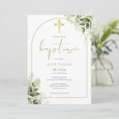Elegant Gold Arch Greenerie Blumenblätterung Taufe Einladung (Stehend Vorderseite)