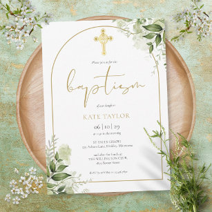 Elegant Gold Arch Greenerie Blumenblätterung Taufe Einladung