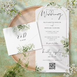 Elegant Gold Arch Greenery Floral QR Code Hochzeit All In One Einladung