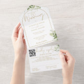 Elegant Gold Arch QR Code Grüne Hochzeit All In One Einladung (Abreißen)