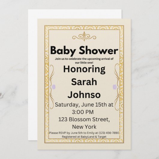Elegant Gold Baby Shower Invitation Template Save The Date (Vorne/Hinten)
